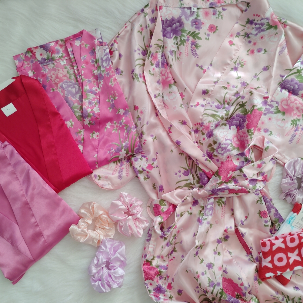 MOTHER'S DAY Gift Box!!! Floral Pink Satin Robe, Scrunchie And Socks.
